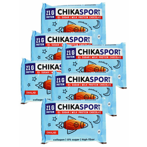 CHIKA SPORT Протеиновый молочный шоколад с миндалем без сахара, 6х100г