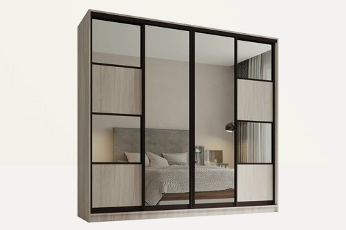 Изображение товара Шкаф купе, для одежды Линц 4, Легкомаркет, 250х60х240, белье/платье/платье, ясень шимо светлый, профиль коньяк, с зеркалом