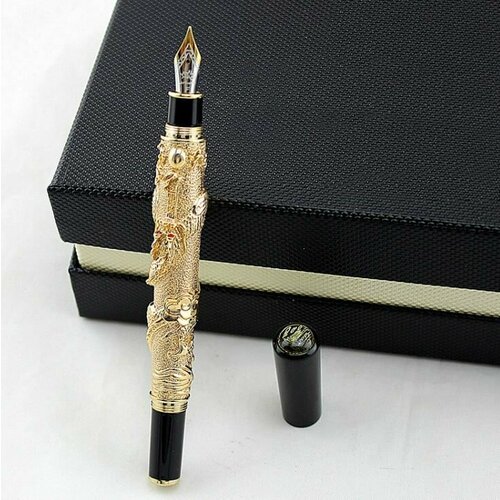 Перьевая ручка золотистый дракон. Перо с маркировкой М (фактически F 0,5 мм). Китай