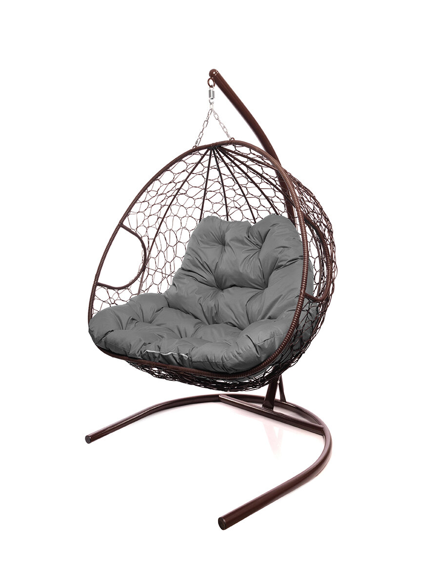 Подвесное кресло M-group для двоих с ротангом коричневое серая подушка
