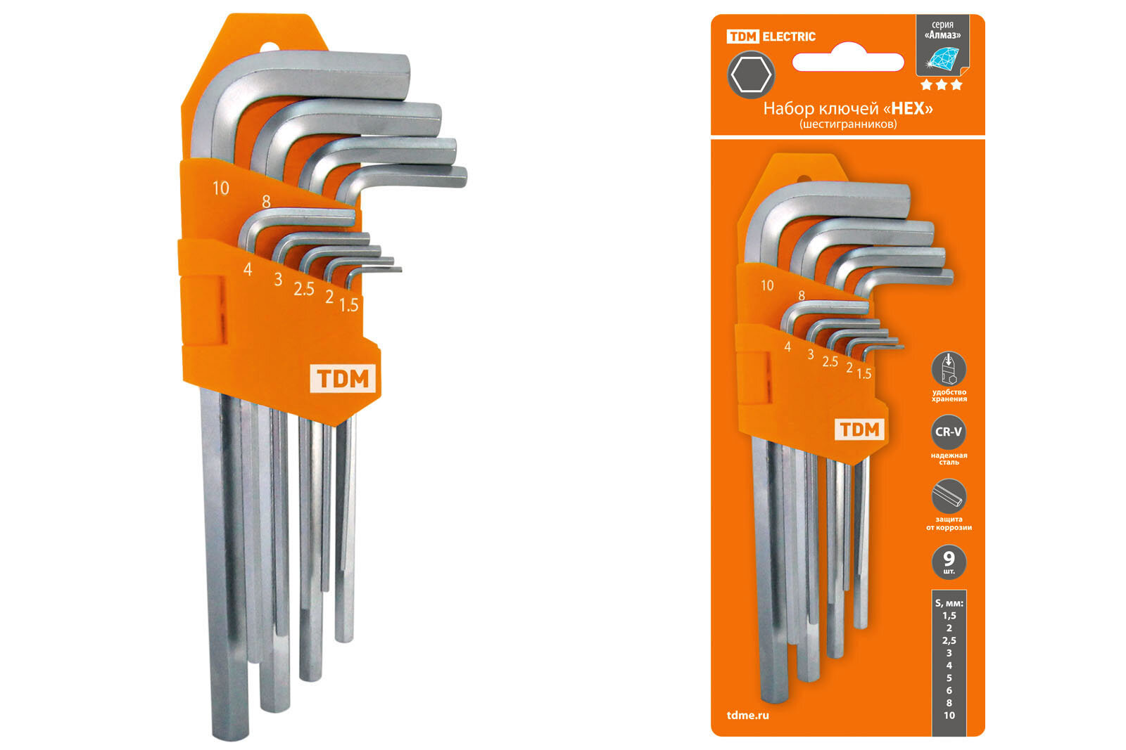 Набор ключей "HEX" 9 шт: 1.5-10 мм, длинные, (держатель в блистере), CR-V сталь "Алмаз", TDM SQ1020-0103 (1 шт.)