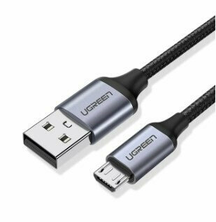 Кабель UGREEN US290 (60146), USB-A 2.0 to Micro USB, 2A, скорость до 480 Мбит/с, в нейлоновой оплётке, 1m, Black