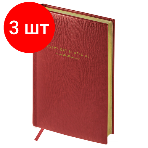 Комплект 3 шт, Ежедневник недатированный, А5, 136л, кожзам, OfficeSpace Dallas, бордовый, золотой срез