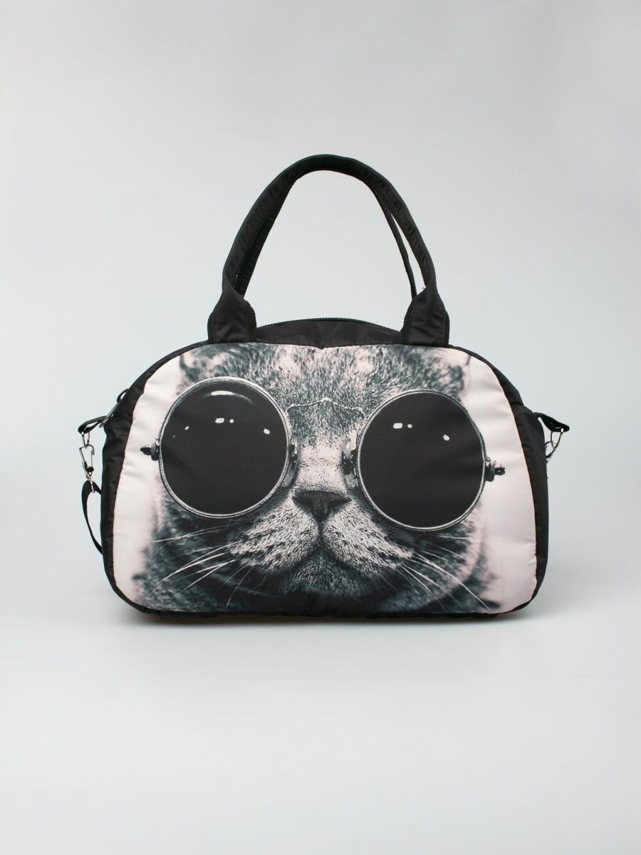 Спортивная сумка маленькая для фитнеса с принтом кот в очках - фотография № 11