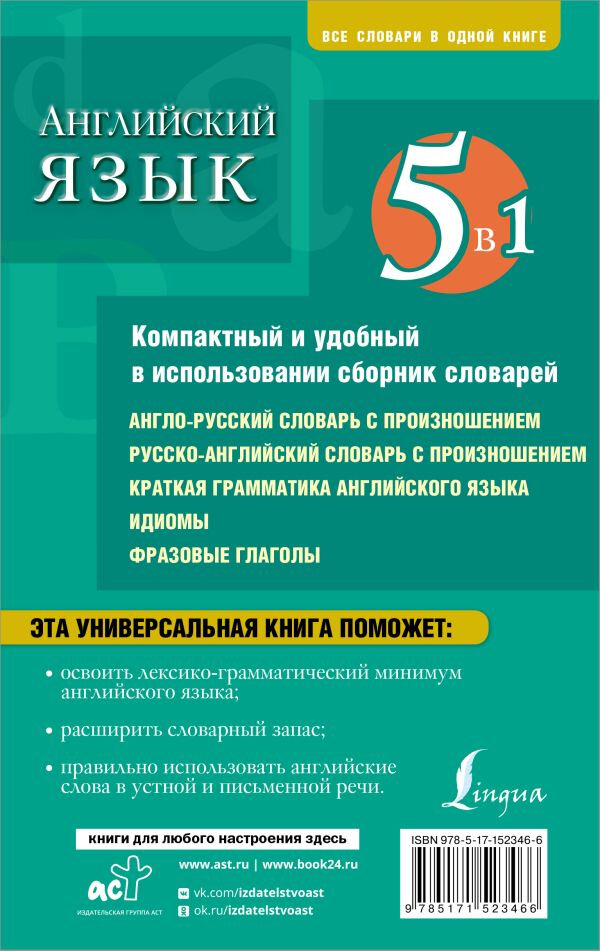 Английский язык 5 в 1. Англо-русский и русско-английский словари с произношением, краткая грамматика - фото №6