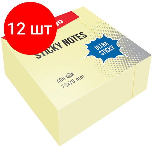 find gift sticky memo white бумага для записей Комплект 12 шт, Самоклеящийся блок Berlingo Ultra Sticky, 75*75мм, 400л, пастель, желтый
