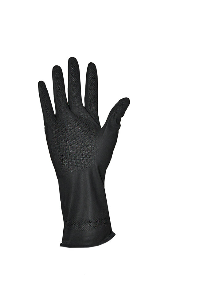 Перчатки хозяйственные латексные с добавлением хлопкового волокна. рифленая поверхность, удлиненная манжета, особо прочные, Black (черный), 300 мм. XL