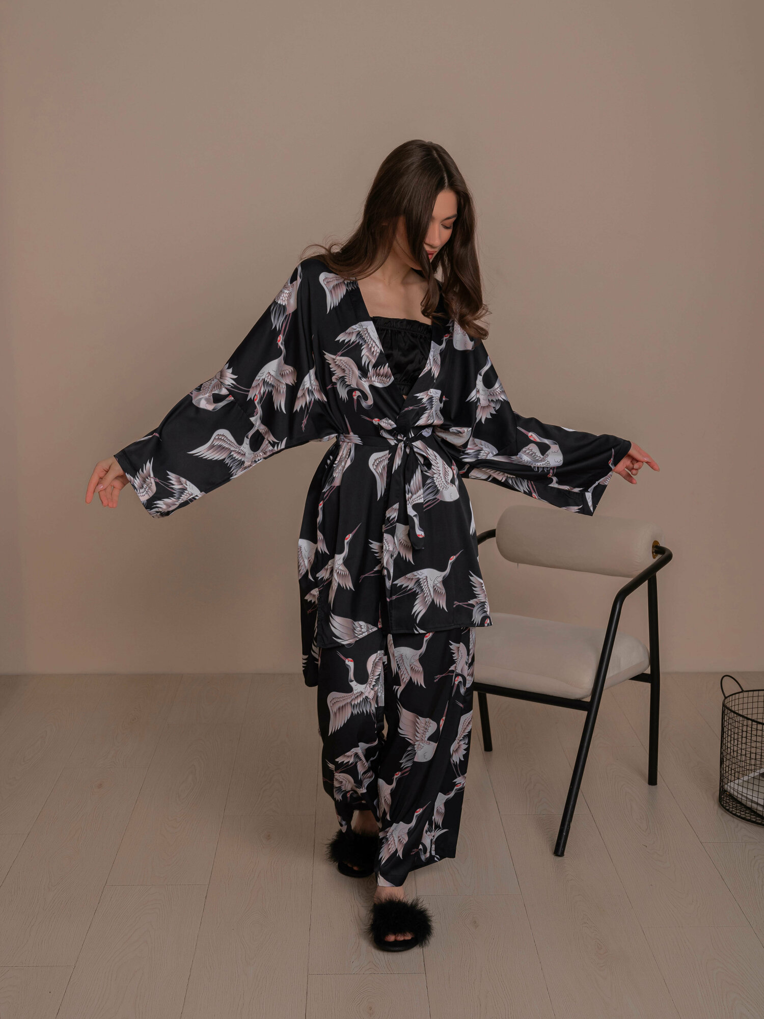 Домашний костюм-кимоно из шёлка армани в цвете BLACK (M) - фотография № 6