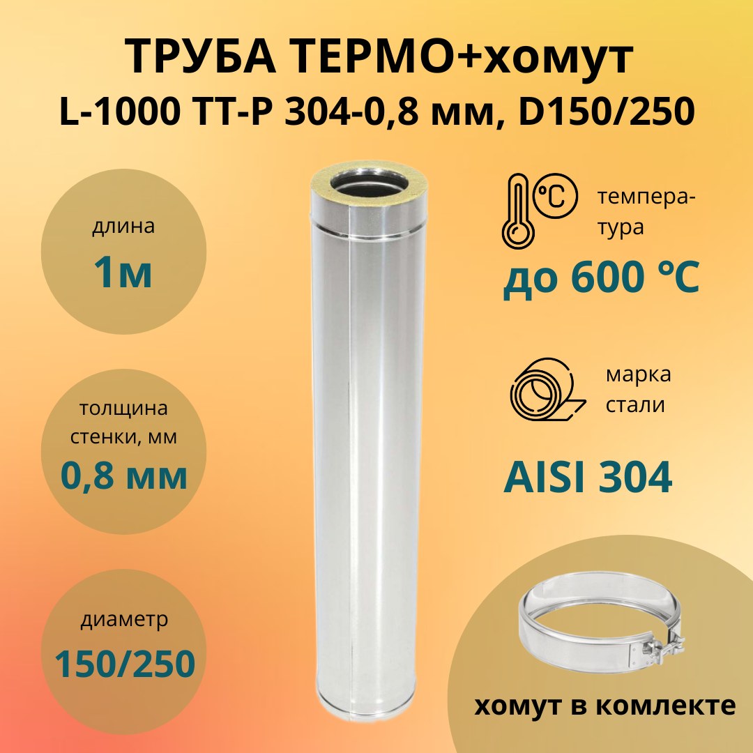 Печная труба дымохода сэндвич L 1000 ТТ-Р 304-0.8/304 D150/250 для бани газовый дымоход для котла и отопительной печи Теплов и Сухов