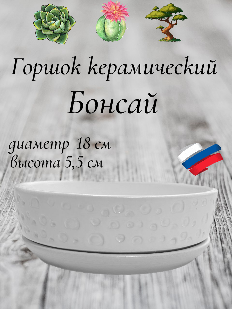 Керамический горшок "Бонсай" для бонсай, кактусов и суккулентов, диаметр 18 см, высота 5,5 см, белый