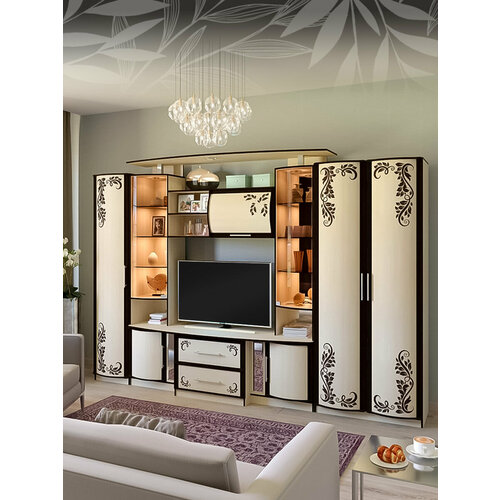 Стенка для гостиной Кристина-3 с фотопечатью, открытыми и закрытыми секциями, Дуб млечный/Аруба венге