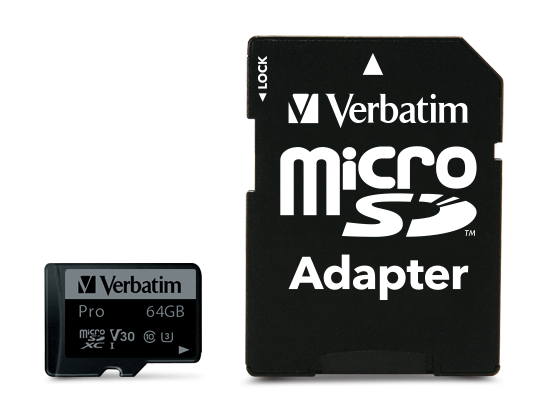 Карта памяти Verbatim Pro microSDXC 64GB UHS-I U3 V30, R/W 90/45 МБ/с с адаптером