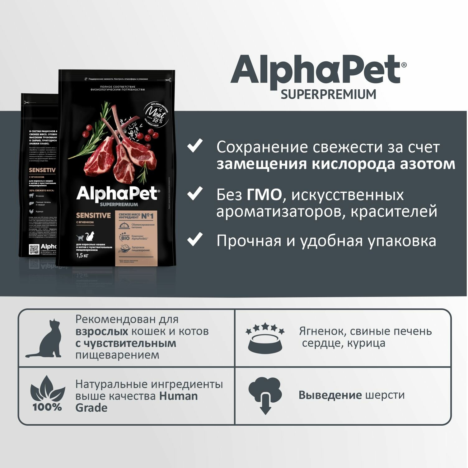 AlphaPet Superpremium Sensitive Сухой корм для кошек с чувствительным пищеварением Ягненок 1.5кг - фотография № 5