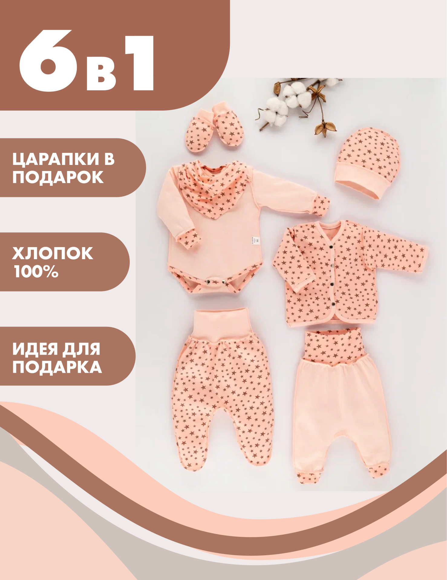 Комплект одежды для новорожденных на выписку в роддом в подарок Снолики 6 предметов Звезды р-р 68