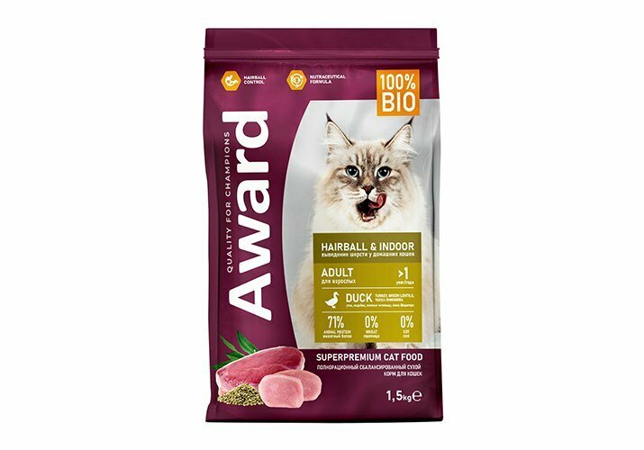 фото AWARD Hairball & Indoor сухой корм для взрослых кошек, для выведения шерсти, с уткой, индейкой, зеленой чечевицей и юккой Шидигера - 1,5 кг