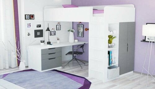 Кровать-чердак Polini kids Simple с письменным столом и шкафом, белый, серый