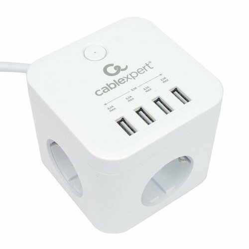 Сетевой фильтр Cablexpert Cube CUBE-3-U4-W-1.5, 3р, 10А, 4хUSB, 1.5м, ур. защиты 4+, белый