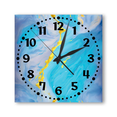 Деревянные настенные часы, 28см х 28см/ Большие кварцевые бесшумные интерьерные часы с принтом/ Часы-картина на стену/, мрамор голубой с золотом