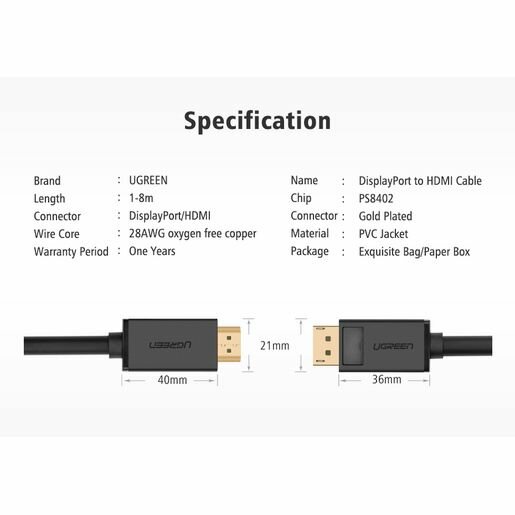 Кабель интерфейсный UGREEN 10204 DP(M)/HDMI(M), 5м, черный - фото №15