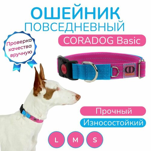 Ошейник повседневный, CORADOG Basic, для средних и крупных собак, голубой ярко розовый, размер L 42-65 см