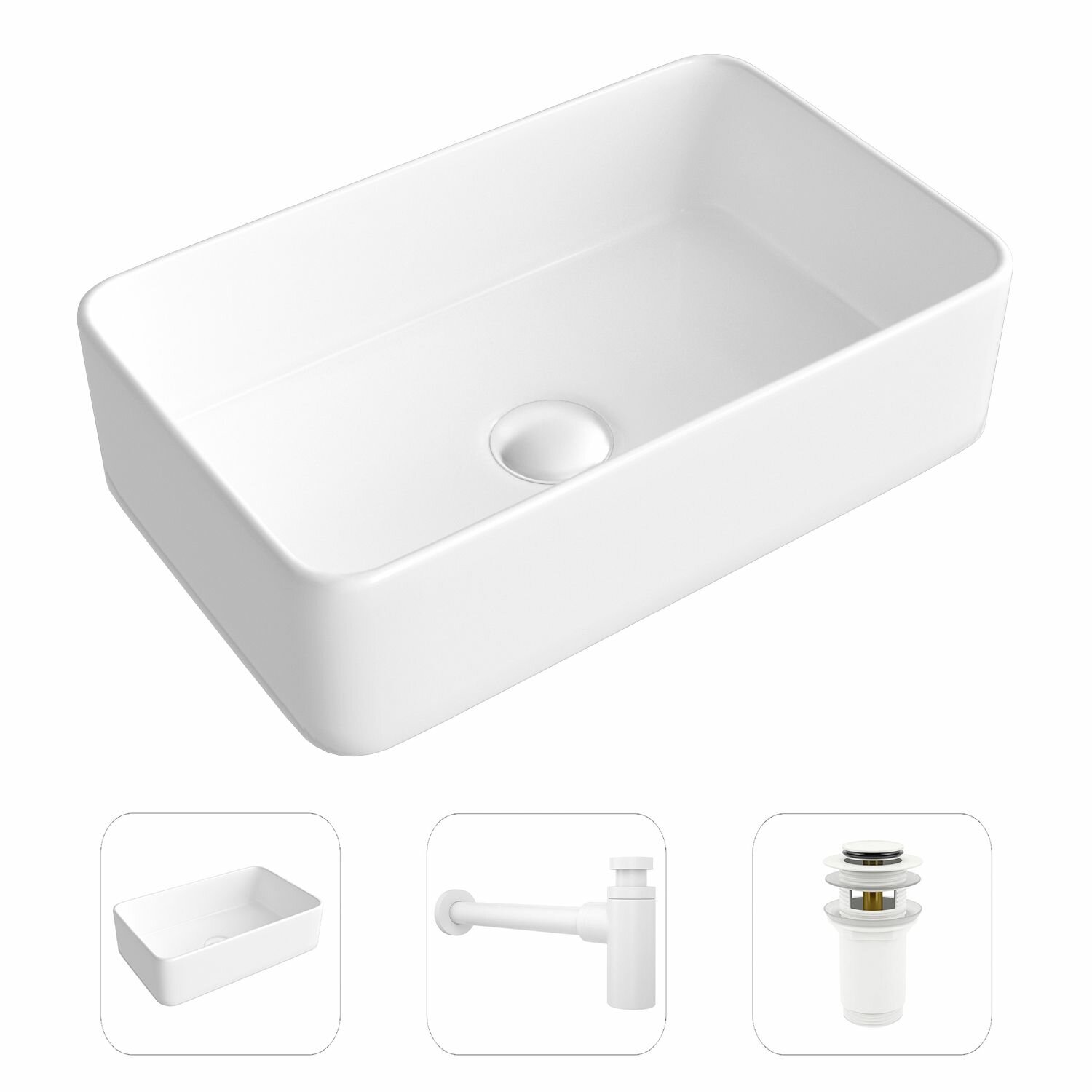 Накладная раковина в ванную Helmken 67448000 комплект 3 в 1: умывальник прямоугольный 48 см, сифон и донный клапан click-clack в цвете белый