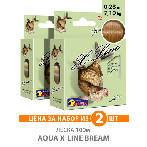 леска для рыбалки aqua x line bream лещ 100m 0 18mm 3 50kg для спиннинга троллинга фидера удочки светло коричневый Леска для рыбалки AQUA X-Line Bream (Лещ) 100m, 0,28mm, 7,10kg / для спиннинга, троллинга, фидера, удочки / светло-коричневый (набор 2 шт)