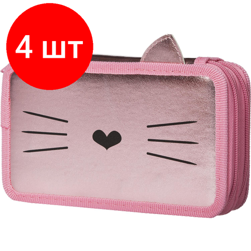 Комплект 4 штук, Пенал №1School Kitty 2 отд, кож/зам голография, 190х110 мм, ПКЗ 11-112 пенал 1school panda 2 отд кож зам голография 190х110 мм пкз 11 111 1 шт