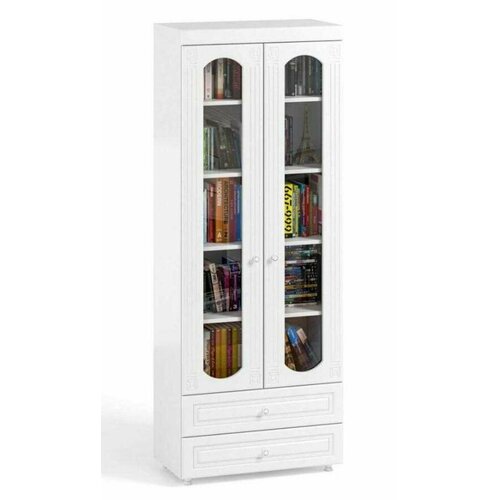 Шкаф 2дв (410) с 2 Малыми стеклянными дверьми и ящиками (библиотека) Катрин-К АФ-46 Афина Белое дерево