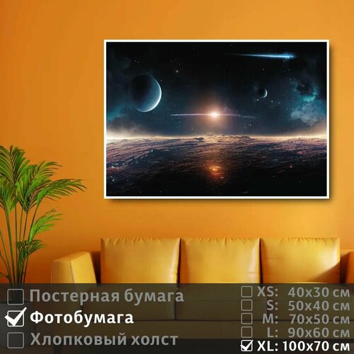 фото Постер на фотобумаге яркая звезда и планеты в галактике 100х70 см полицентр