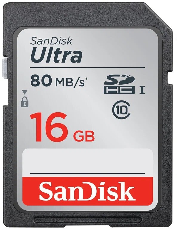 Карта памяти SanDisk SDHC 16 ГБ Class 10, V10, A1, UHS-I, R/W 80/10 МБ/с, 1 шт, серый