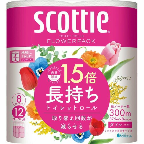Nippon Papper Мягкая туалетная бумага Crecia Scottie Flower PACK 1.5 плотной намотки, двухслойная 8 рулонов (37,5 м)