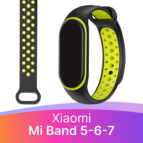 Силиконовый перфорированный ремешок для фитнес-трекера Xiaomi Mi Band 5, 6 и 7 / Спортивный браслет на смарт часы Сяоми Ми Бэнд 5, 6 и 7 / Черно-желтый силиконовый ремешок для xiaomi mi band 5 6