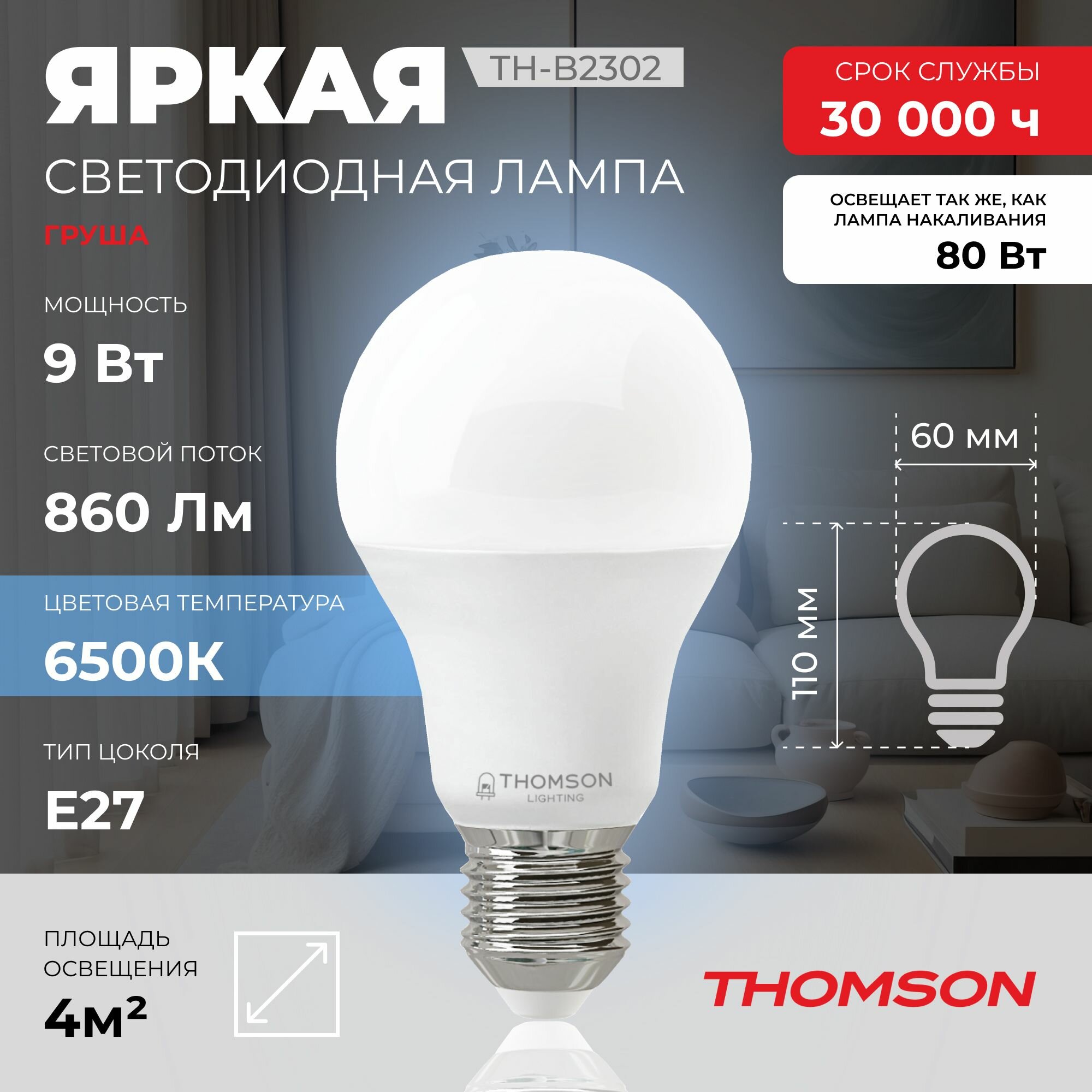 Лампочка Thomson TH-B2302 9 Вт, E27, 6500К, холодный белый свет