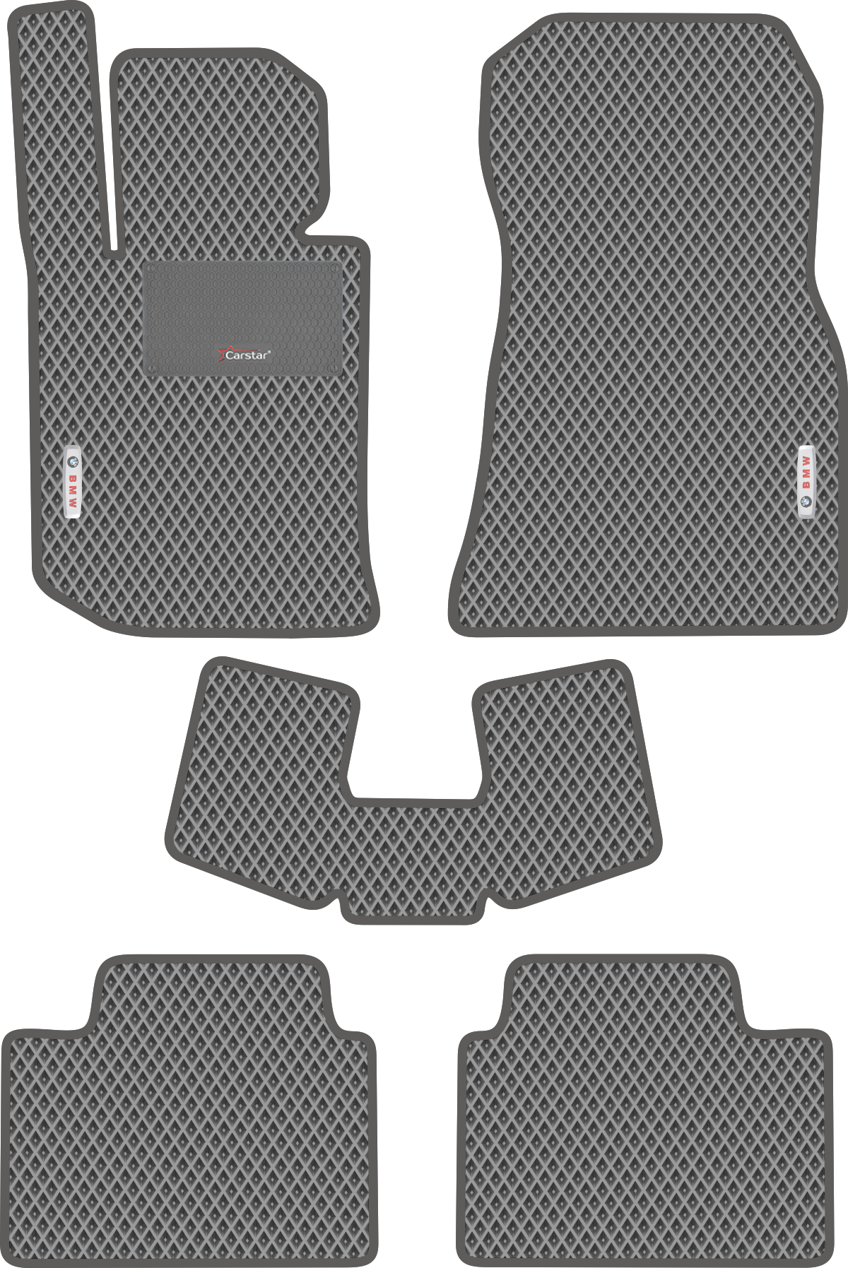 Автомобильные коврики EVA для BMW 3 VII G20 (2018-н/в), с каучуковым подпятником и 2 эмблемами BMW, серые с серым кантом, ячейка - ромб