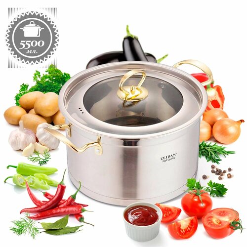 Кастрюля из нержавеющей стали 5,5 л со стеклянной крышкой 24 см для всех видов плит