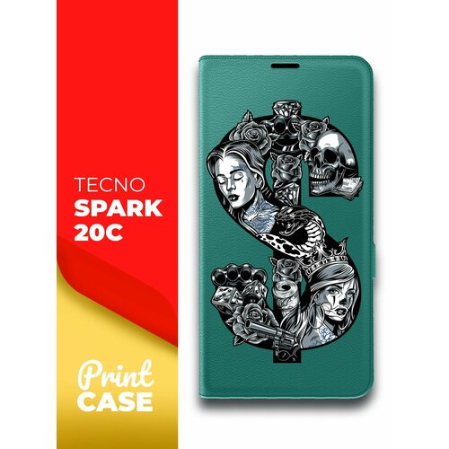 Чехол на Tecno Spark 20C (Техно Спарк 20С) зеленый опал книжка эко-кожа подставка отделением для карт и магнитами Book Case, Miuko (принт) Доллар тату чехол на tecno spark 20c техно спарк 20с фиолетовый книжка эко кожа подставка отделением для карт и магнитами book case miuko принт доллар тату