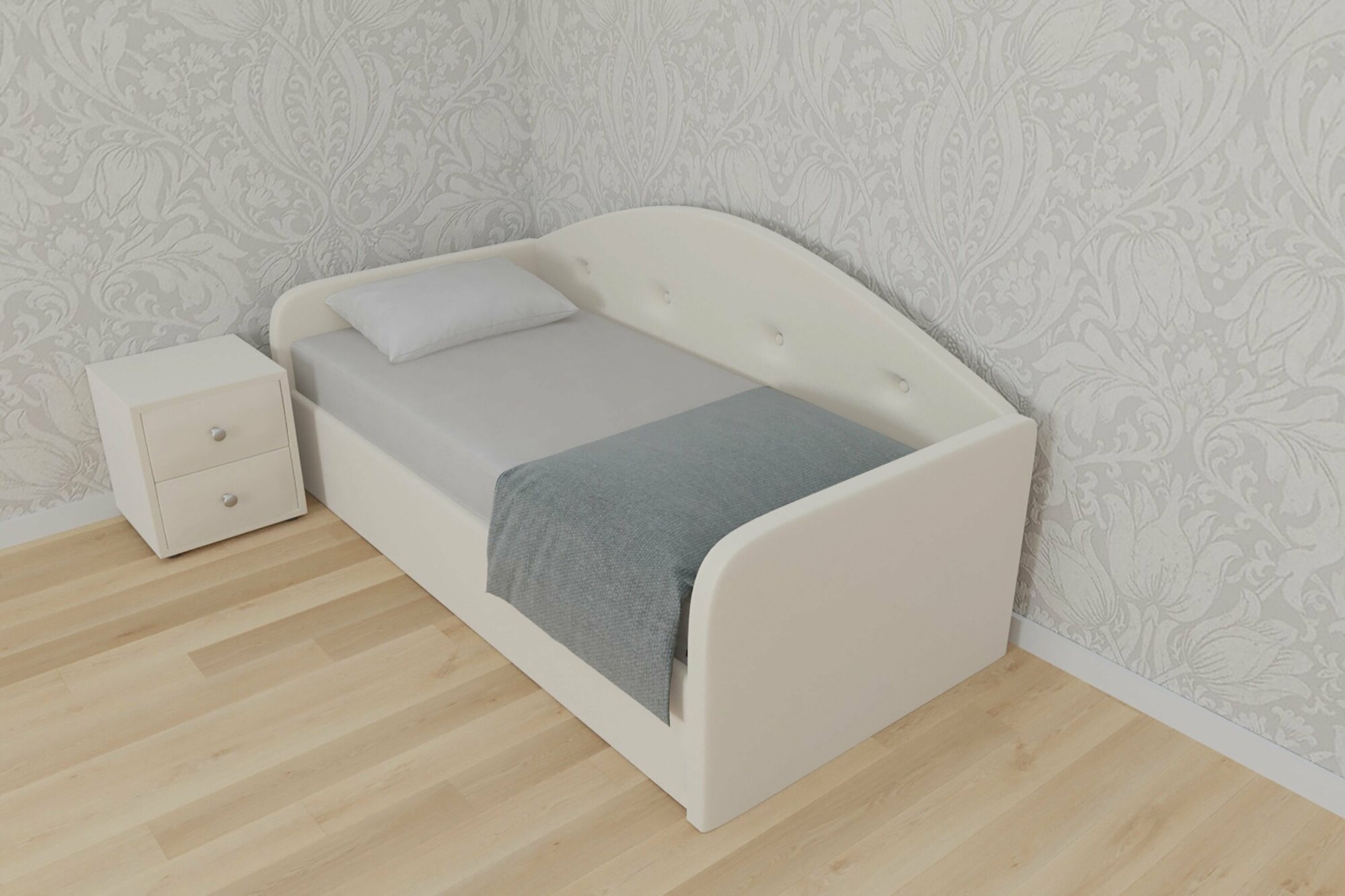 Односпальная кровать Рим 120x200 с подъемным механизмом и с коробом для белья велюр белый