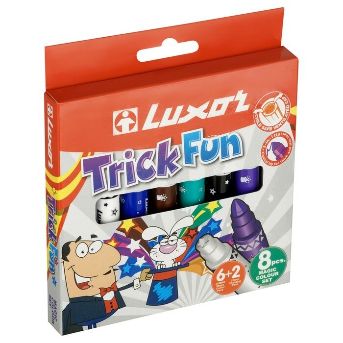 Фломастеры 6 цветов + 2 шт. в подарок, Luxor "Trick Fun", меняющие цвет, утолщенные, картон, с евпроподвесом