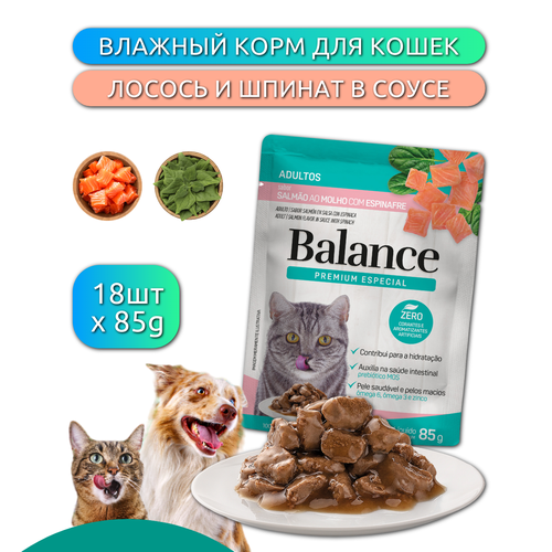 Влажный корм для кошек BALANCE CAT лосось в соусе со шпинатом 18штх85г