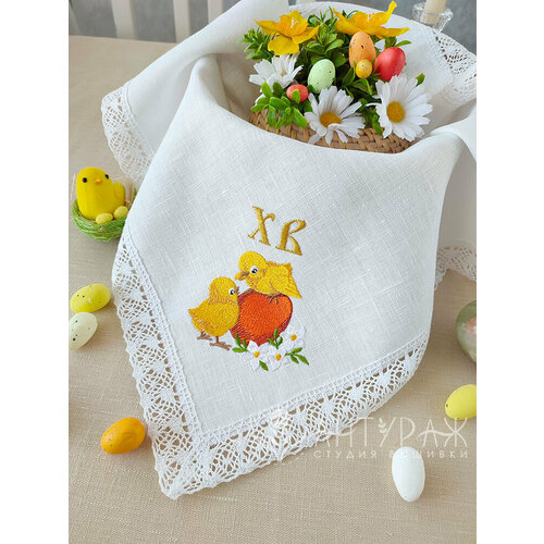 Пасхальный сувенир - льняная салфетка вышивка, кружево, 45x45, ANTURAG VISHIVKA