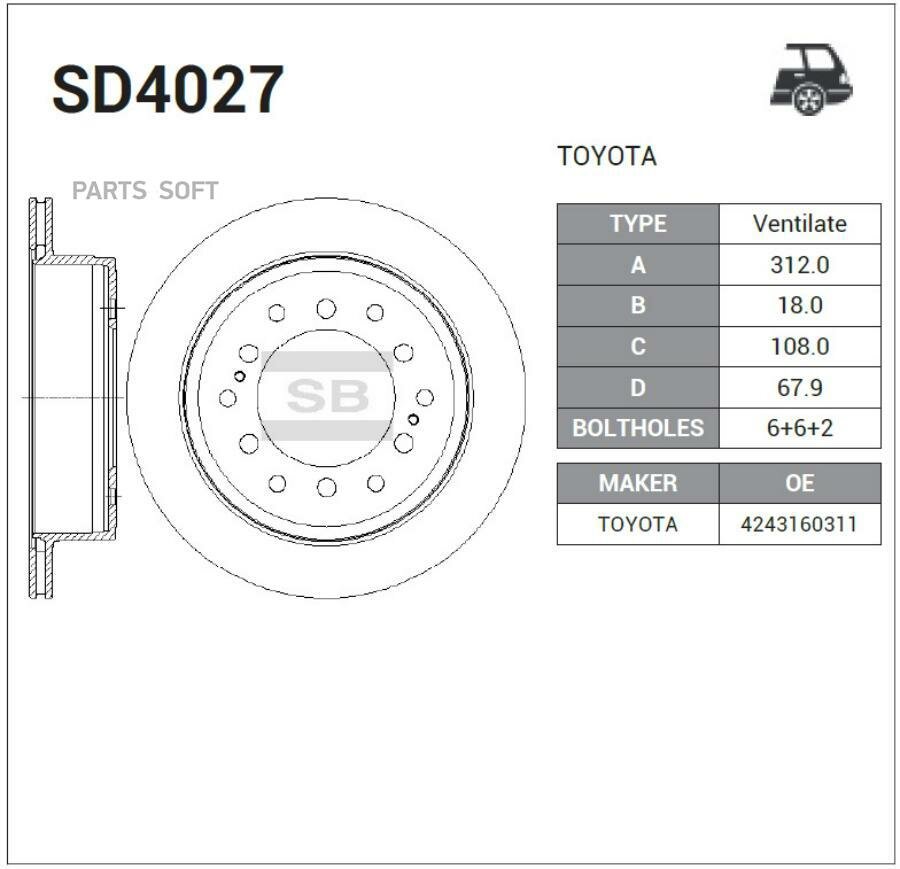 SANGSIN BRAKE SD4027 Диск тормозной Lexus GX Toyota Land Cruiser Prado 2.7-4.6i/D-4D 09 SD4027
