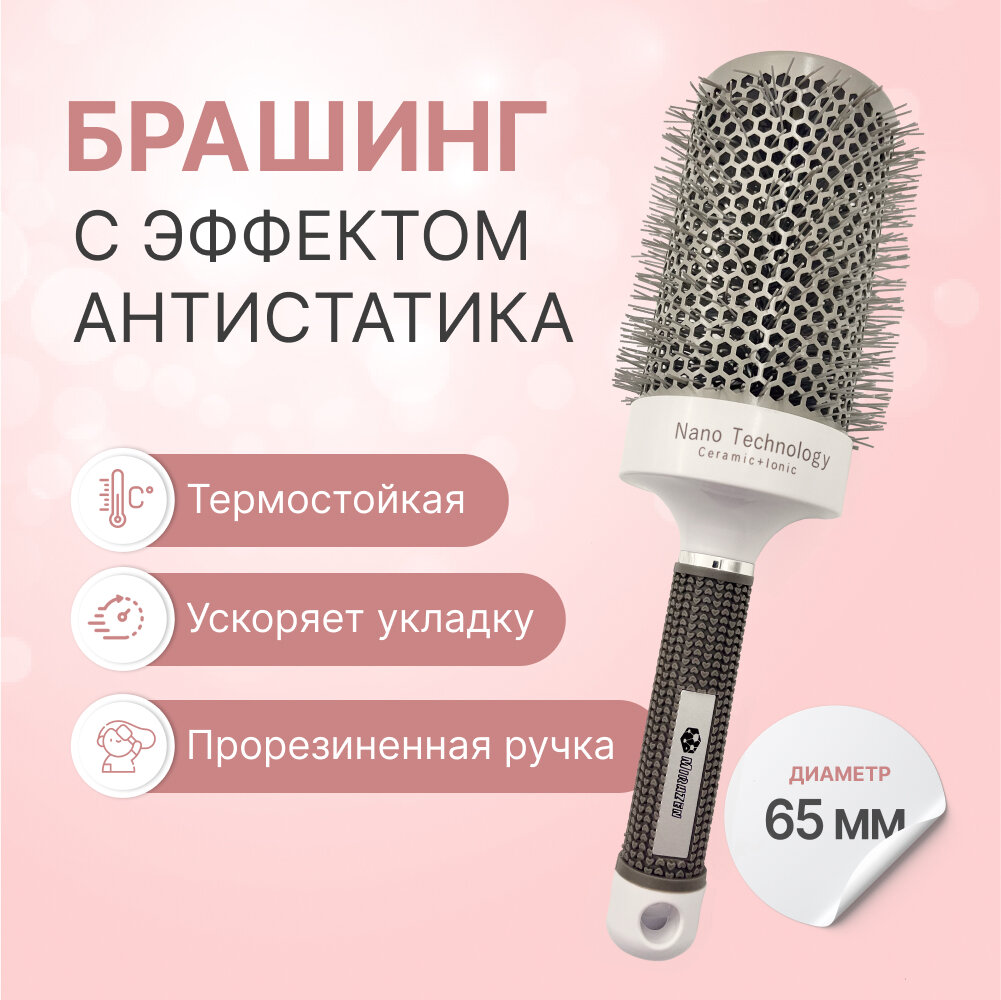 Круглая расческа брашинг для укладки волос с керамическим покрытием термобрашинг Ceramic + Ion прорезиненная ручка 65 мм