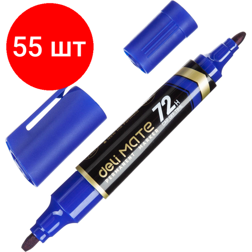 Комплект 55 штук, Маркер перманентный двусторонний Deli Mate 1.5/2-6 мм синий EU72-BL