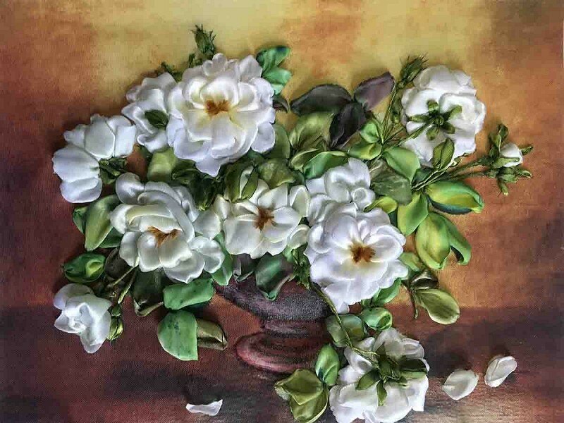 Белые розы #КЛ(Н)-3047 Каролинка Набор для вышивания 36 х 25 см Вышивка лентами