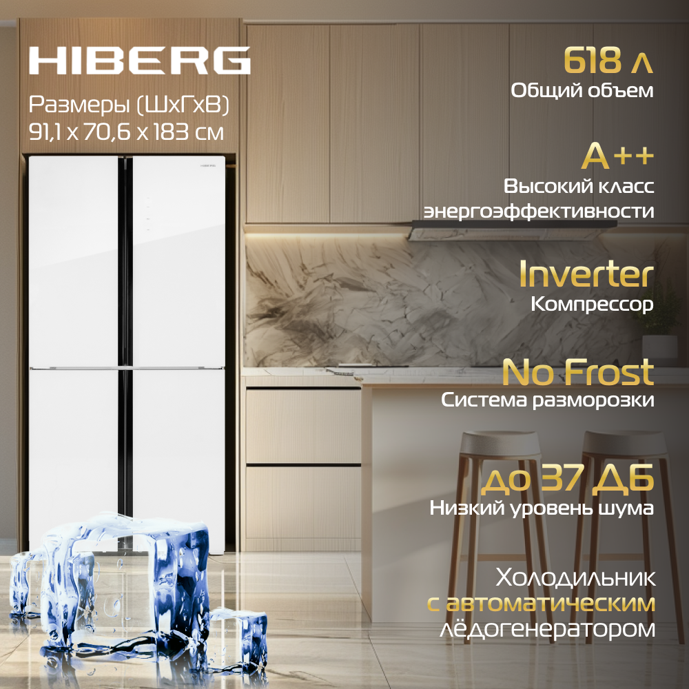 Холодильник HIBERG RFQ-555DX NFGW с автоматическим ледогенератором, 618 л, inverter А++, белое мерцающее стекло