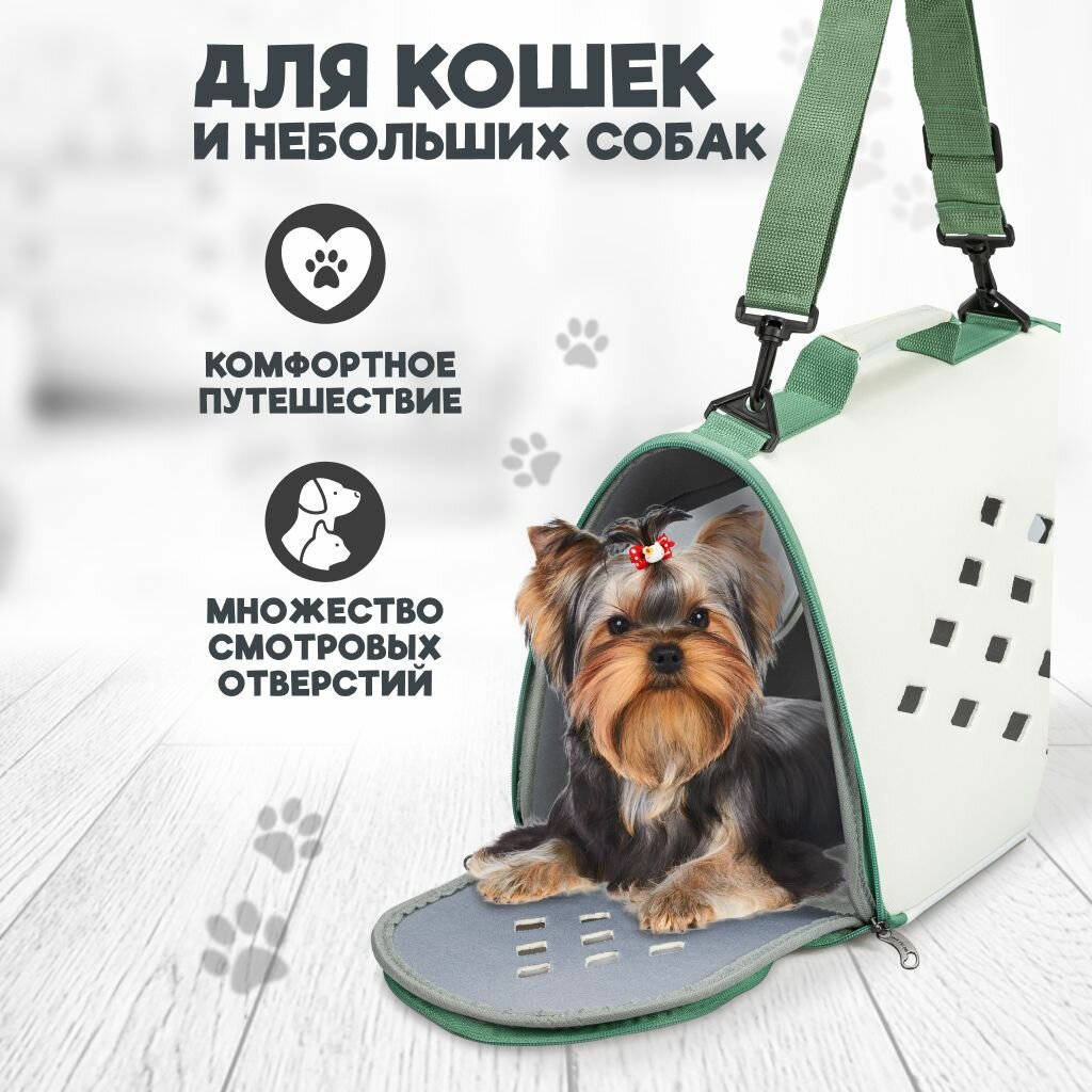 Переноска для кошек и собак в поездку с окошком и ремешком, сумка для животных, для самолета, бело-зеленая до 10 кг — фото 1
