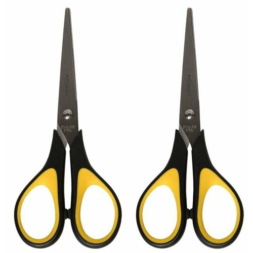 InФормат Ножницы тупоконечные, ручки пластиковые с резиновыми вставками, черно-жёлтые, 170 мм, 2 шт