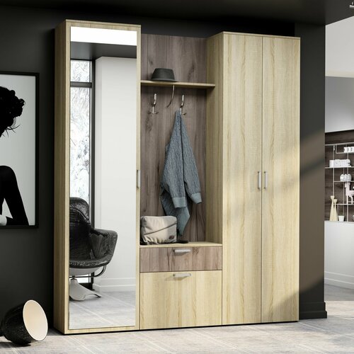 Прихожая комплект Лира от Линаура, с зеркалом, обувницей, шкафом, ящиками и вешалкой, 180x217x36 см. Дуб сонома/Дуб самдал