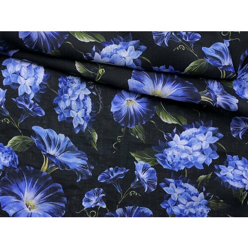 Ткань Ткань лен чёрного цвета с принтом голубые цветы 20264 260 см широкая льняная белая ткань 100% лен розница 1 метр