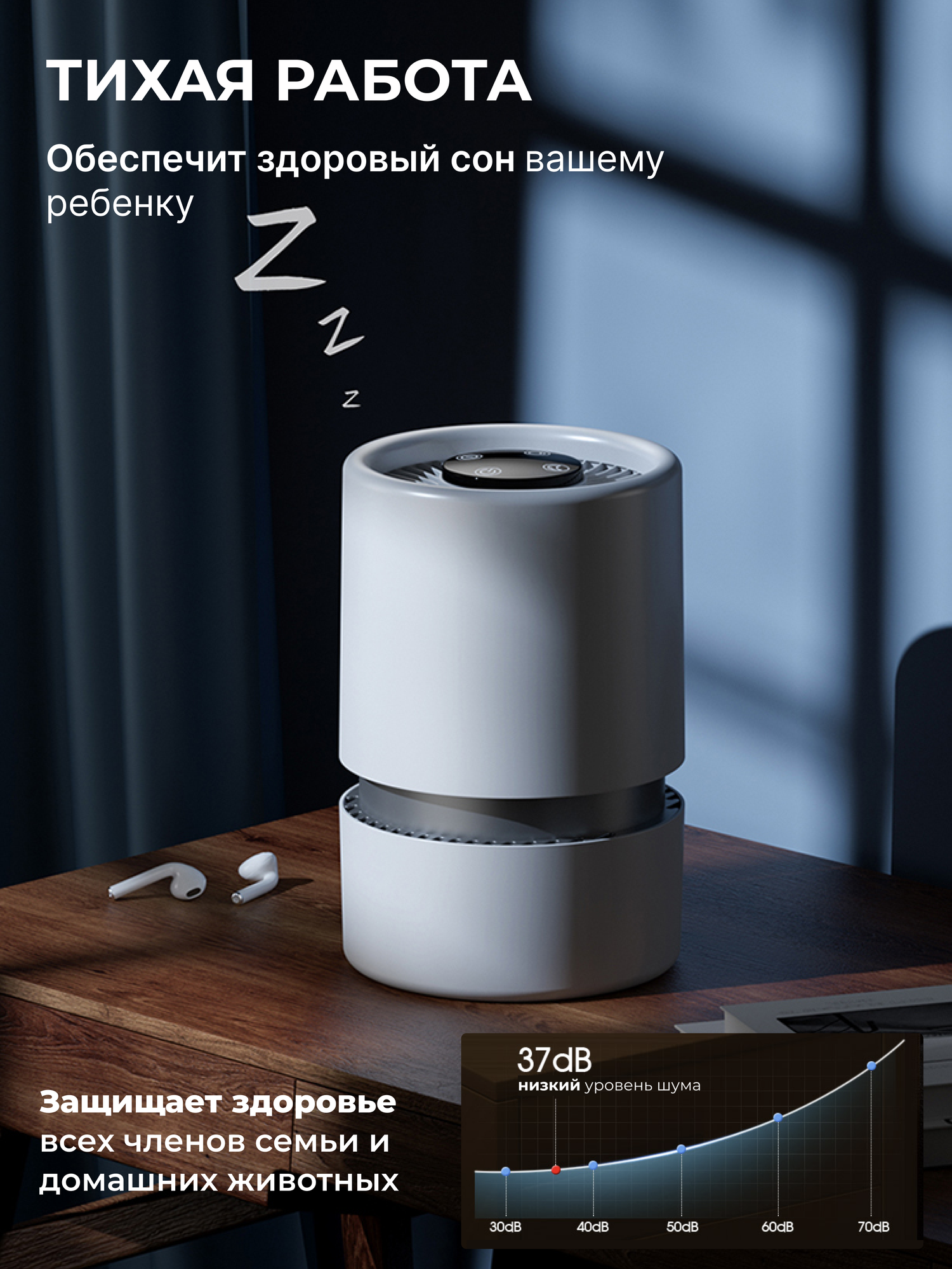 Очиститель воздуха , HEPA-фильтр, 150м³/час, площадь 40м², белый — фото 1